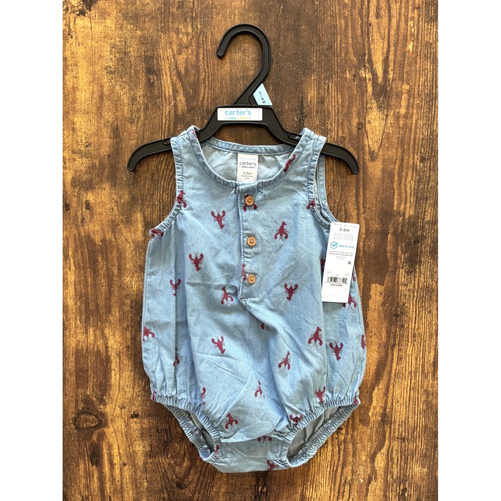Carters Child of Mine Baby Blue Lobster Chambray Romper 3-6M New